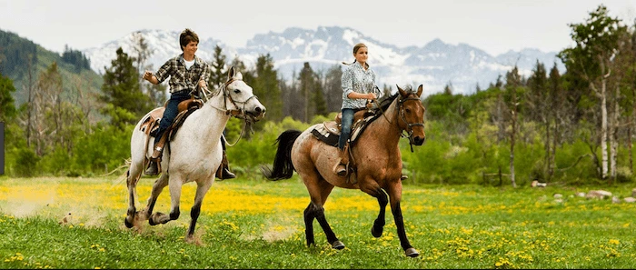 Confident plus-size woman riding Ravensthorpe a horse through a field with a smile on her face.